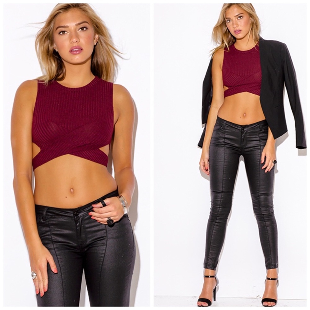 BURGUNDY RED RIBBED CUT OUT PARTY CROP TOP